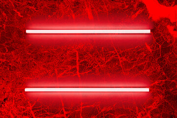 two red neon light bulbs on marble wall. Background texture of empty old marble wall with glowing red neon lamps.