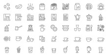 Coffee Line Icon Set. Beans Bag, Roasting, Turkish Cezve, Drip Pods, Percolator, Chorreador, Filters, Capsules, Espresso Vector Illustrations. Simple Outline Signs For Cafe Menu. Editable Stroke