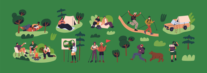 Wall Mural - tourists hiking, trekking, camping. tiny people in backpacking travel, holiday trip, summer vacation