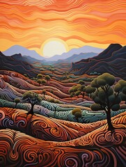 rolling hills of the australian outback: vibrant artistic depiction of wavy outback terrains
