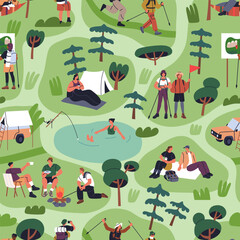 Fototapete - Hiking and camping, seamless pattern. Summer tourists in nature, adventure, endless background. Campers, hikers travel outdoors, backpacking, holiday repeating print. Flat graphic vector illustration