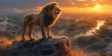 Lion King - A majestic lion stands on a rocky outcrop, looking out over the sunset, evoking the spirit of the iconic animated film. Generative AI