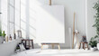 A minimalist art studio with white walls, a large easel, and organized art supplies. 
