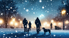 Silhouettes Of People And Dogs In The Snow