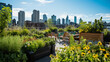 Urban oasis: Rooftop garden with lush greenery and city skyline