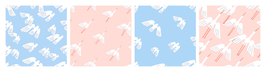 Wall Mural - flying birds, seamless patterns set. cranes and doves flocks in flight in sky, endless background de