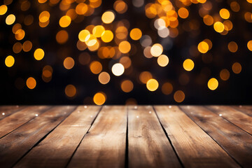Wall Mural - empty wooden table with golden bokeh lights background