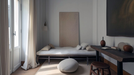 Wall Mural - A minimalist guest room with a daybed, a small writing desk, and a single piece of art. 