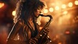  African American girl plays the saxophone in a golden light