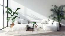 A Minimalist Living Room With A White Sectional Sofa, A Glass Coffee Table, And A Large Potted Plant In The Corner. 