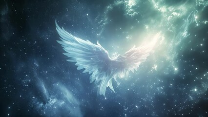 Wall Mural - a winged being its body a shimmering aurora borealis floating a the stars with a sense of wonder and