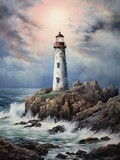 Fototapeta Morze - Coastal Lighthouse Views: Guiding Light Seascape Canvas Wall Art