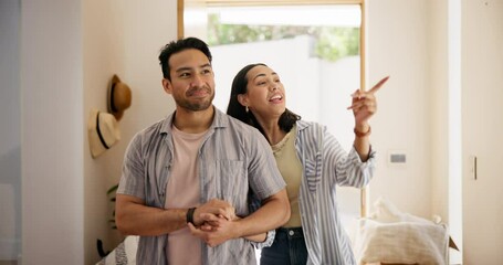 Poster - Couple, new home and hug with smile, love and support together from real estate and purchase. Marriage, care and rent of happy people in a house lounge with moving and bonding from buying property