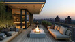 A minimalist rooftop terrace with a sleek fire pit, comfortable seating, and panoramic views of the city. 