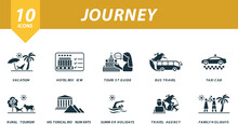 Journey Icons Set. Creative Icons: Vacation, Hotel Review, Tourist Guide, Bus Travel, Taxi Cab, Rural Tourism, Historical Monuments, Summer Holidays, Travel Agency, Family Holidays.