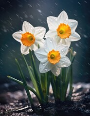 Wall Mural - White daffodils in the rain drops