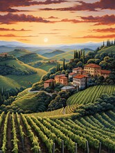 Italian Vineyard Sunsets: Captivating Artwork Showcasing Rolling Hills And Waves Of Vine Terraces