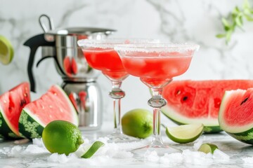 This is a photograph of two modern margarita glasses with a rim of salt surrounded by fresh cut limes and peppers on a retro wood background photographed from a high camera angle 