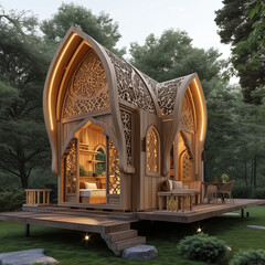 Wall Mural - Tiny one floor timber frame house with double front doors and terrace with mosque and ramadhan theme design