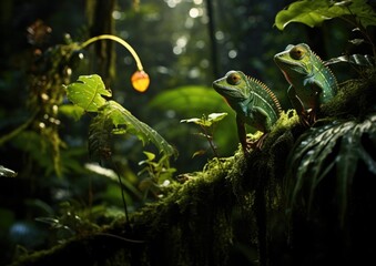 Poster - Two chameleons are sitting on a branch in the jungle. Generative AI.