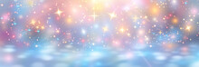 Abstract Blurred Bokeh Light Background , Blue Unicorn Background. Pastel Watercolor Sky With Glitter Stars And Bokeh. Fantasy Space Galaxy With Holographic Texture. Banner Poster Template