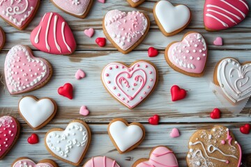Wall Mural - Valentines Day Cookies and Decorations for a Party on Retro Wood Background 