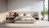 Fototapeta  - A minimalist luxury bedroom with a plush, oversized headboard and soft, neutral tones.