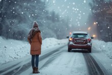 Woman standing next to her car on a snowy road. 
