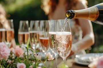 Woman pouring champagne in wine glasses at a garden party in summer.