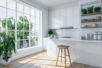 Wall Mural - A minimalist kitchen with white cabinets, countertop, bar stool, and hardwood floor. There are panoramic windows at cooking area...