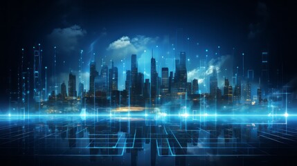 Wall Mural - vibrant blue abstract cityscape: futuristic digital technology concept