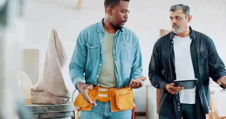 Wall Mural - Walking, men or carpenter with tablet in workshop manufacturing or engineering project. Woodwork planning, teamwork or industrial worker in warehouse talking or speaking of building timber production