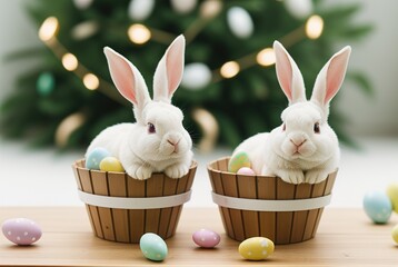 Close-up of two cute fluffy bunnies with colorful Easter eggs, blurred background bokeh. Rabbits are sitting in baskets.