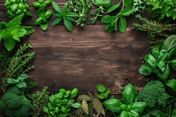 Wall Mural - Top view of a frame made of various kinds of aromatic herbs like thyme, mint, basil, coriander, rosemary, chive, dried bay leaves and parsley .