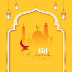 Wall Mural - Eid, Mubarak, wishes, or greeting post Islamic yellow background eid, al, fitr, design with mosque, or lantern, social media wishing, banner, vector illustration