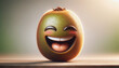 A joyful kiwi fruit with a beaming smile and bright, expressive eyes, resting on a wooden surface.