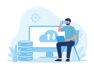 Wall Mural - man with big data cloud analysis laptop concept flat illustration