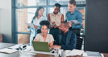 Canvas Print - Business, people and laptop in meeting for planning, brainstorming or team schedule at office. Group of employees taking notes in staff workshop, collaboration or management on computer at workplace