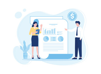 Wall Mural - business woman and business man with diagram document information concept flat illustration