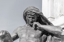 Allegorical Statue Of Thought At The Pedestal Of The Monument Of Camillo Benso At Piazza Cavour. Close Up, Monochrome. Rome, Italy