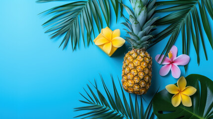  Top view pineapple with tropical palm tree and leaves on blue background, Minimal fashion summer holiday concept. Flat lay