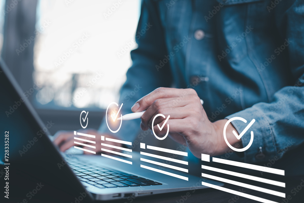 checklist and clipboard task documentation management, business people working laptop checklist questionnaire assessment form, online survey online exam Choosing the right answer in the exam