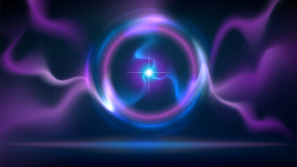 Wall Mural - Abstract background with circular pink blue purple lightning, electric discharge, arc. Shining ring. Spot of light. Illuminated stage, dark blue backdrop. Background for displaying products. Vector