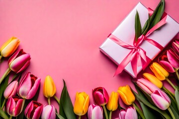  Express warmth and gratitude with a top-view image featuring a gift box, ribbon, and a vibrant tulip bouquet against a pink backdrop, creating a perfect concept for Mother's Day or Valentine's.