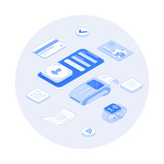 Wall Mural - Сontactless payment technology, NFC. Wireless mobile payment. POS terminal, smartphone, credit card, smartwatch, QR code. Vector outline illustration with isometry scene for web graphic