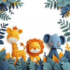 Wall Mural - minimalist small cute and fun baby jungle animals in the style of a childrens invitation