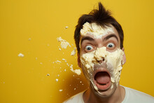 Pie In The Face Surprise: Candid Moment Capturing A Man With A Playful Pie Smash, Against A Vibrant Yellow Background, Eliciting Laughter. Place For Text