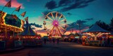 Fototapeta  - A lively carnival at dusk, Ferris wheel lights against the twilight sky, happy faces of families enjoying rides and games. Resplendent.