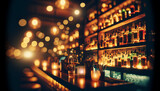 Fototapeta  - Golden bokeh lights in a cozy bar backdrop.
Generative AI.