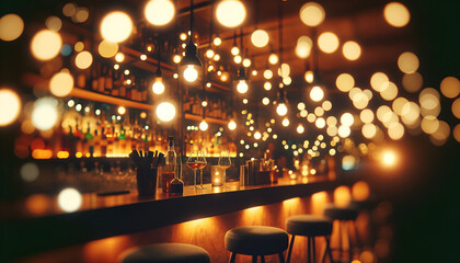 Blurry bar counter with radiant bokeh spheres.
Generative AI.